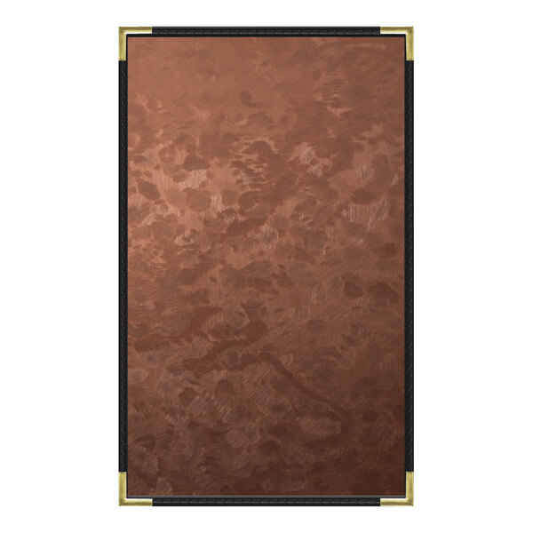 A brown rectangular menu cover with a black border.