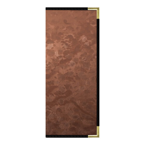 A customizable bronze brushed metallic menu cover with black and brown accents.
