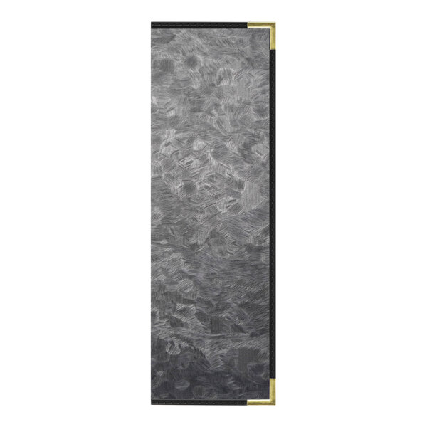 A rectangular steel menu cover with a brushed metallic finish and gold corners.