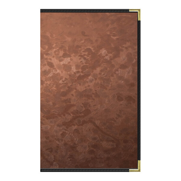 A bronze brushed metallic menu cover with a brown surface.
