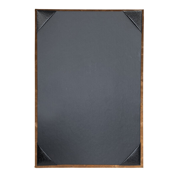 A black menu cover with a brushed metallic gold frame.