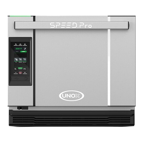 A grey rectangular Unox SPEED.Pro high-speed oven with a black panel and buttons.