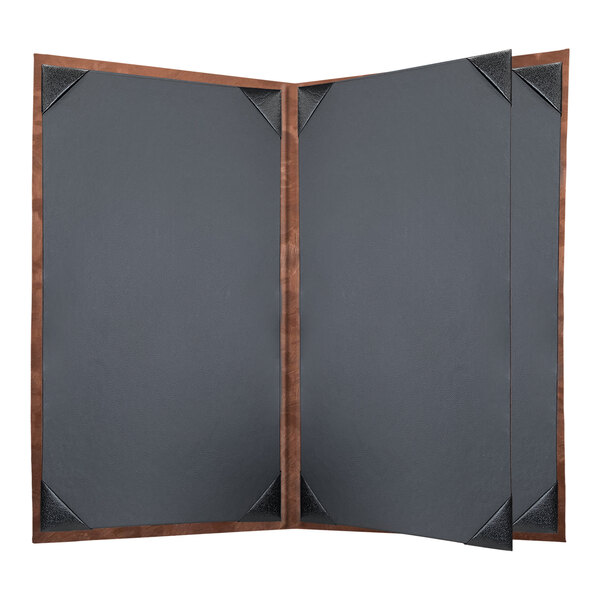 A black and brown customizable menu cover with a bronze metal frame.
