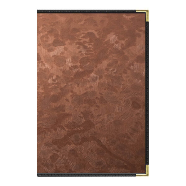 A bronze brushed metallic menu cover with brown leather surfaces and black trim.
