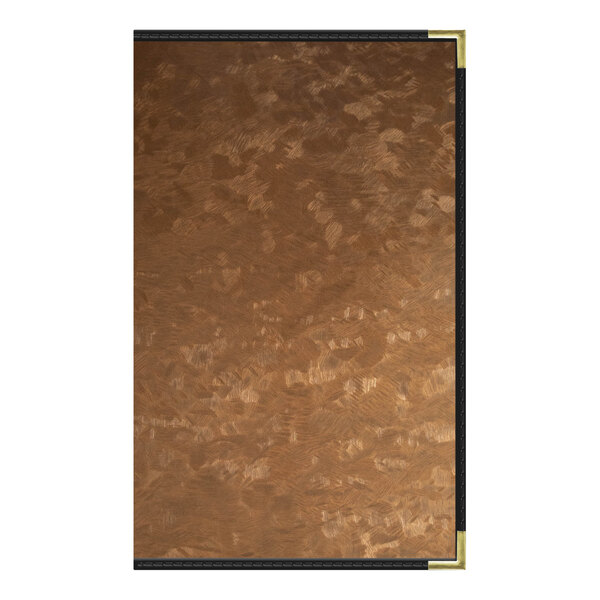 A brown and black brushed metallic menu cover with a gold trim.