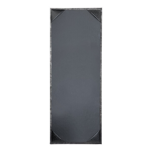 A rectangular steel menu cover with a metallic brushed finish.