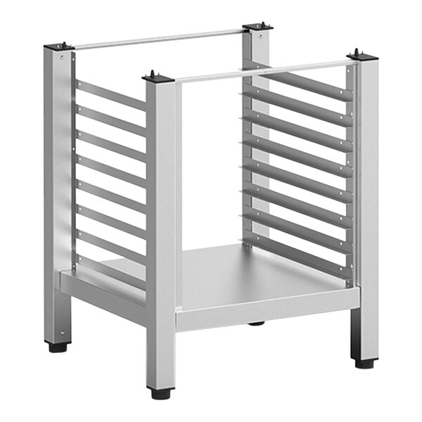 A silver metal Unox high stand with black metal lateral supports and metal slats.