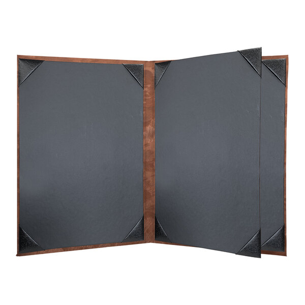 A bronze metallic menu cover with wooden corners.