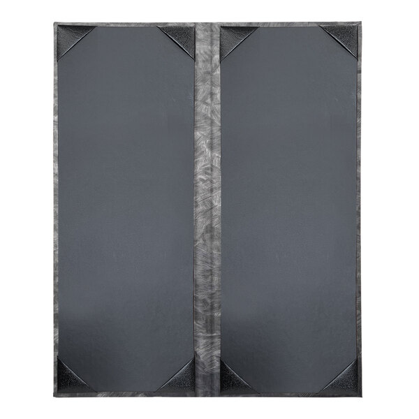 A customizable steel menu cover with a brushed metallic surface and black corners.