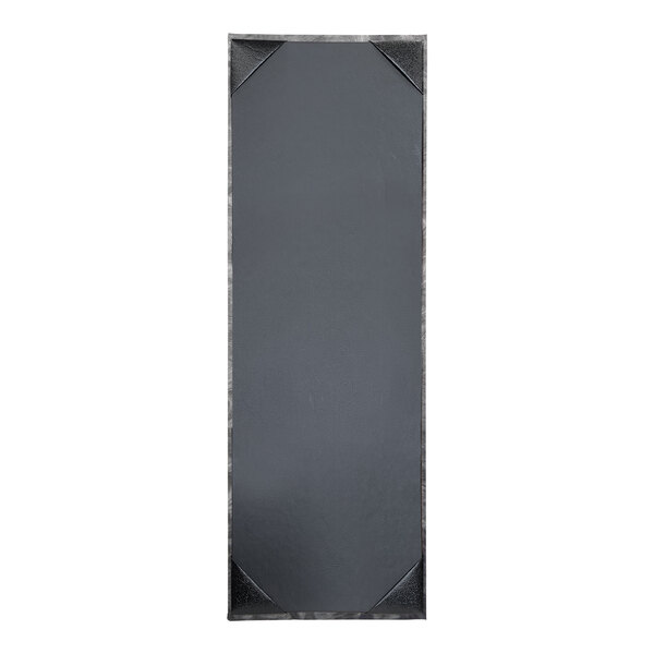 A rectangular black steel menu cover with a brushed metallic finish and a black border.