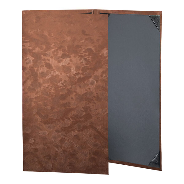 A bronze brushed metallic menu cover with black bordering and customizable inserts.