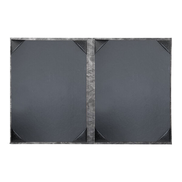 A grey rectangular menu cover with a black border and black frame containing two black metal plates.