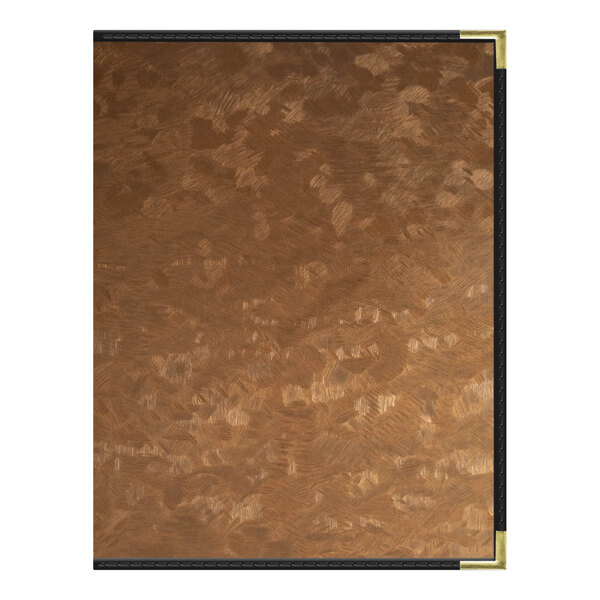 A brown faux leather menu cover with a metallic gold finish.