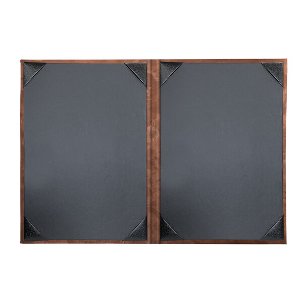 A brown rectangular menu cover with black metal corners.