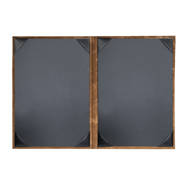 A brown rectangular menu cover with a black and brown brushed metallic finish.