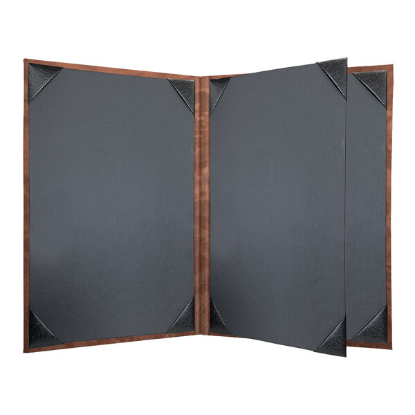 A black menu cover with a wooden frame and bronze metallic accents.