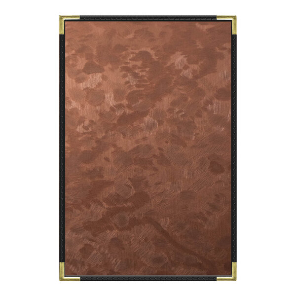 A brown rectangular menu cover with black corners and a coppery metallic surface.