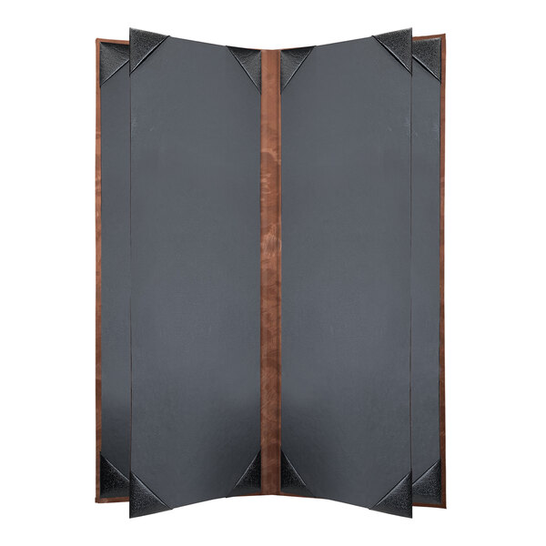 A bronze brushed metallic menu cover with a customizable 6 view display.
