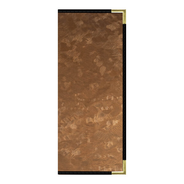 A brown rectangular menu cover with a brushed metallic gold trim and customizable inserts.