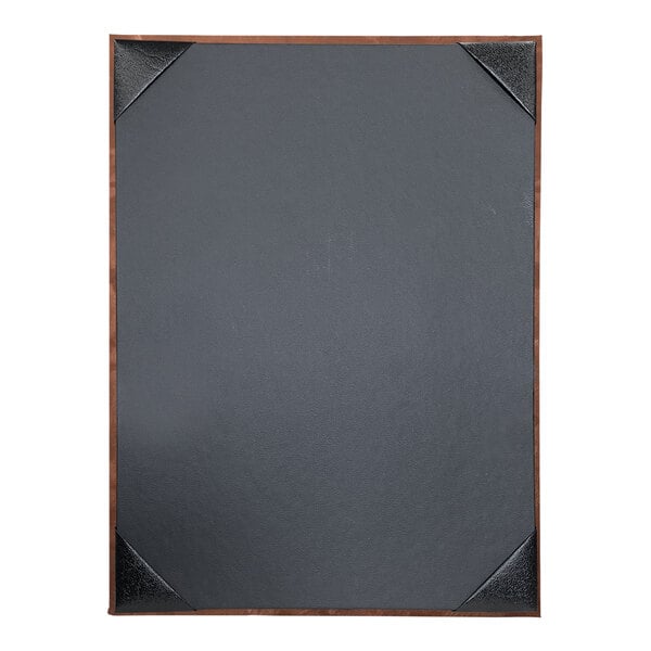 A bronze brushed metallic menu cover with a black corner and metal frame.