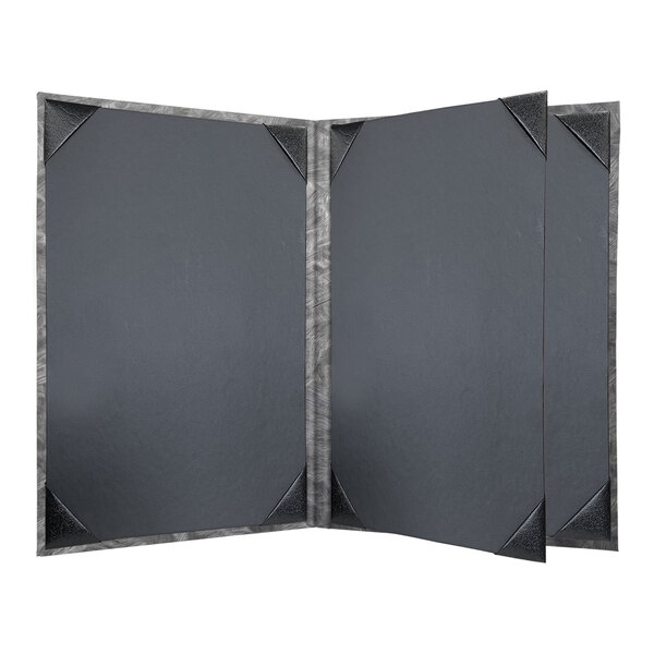 A black steel menu cover with black corners and a brushed metallic finish.