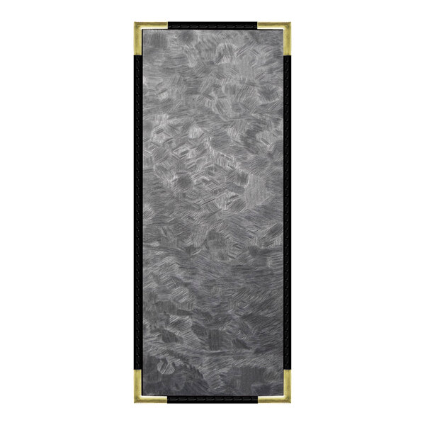 A rectangular steel menu cover with a brushed metallic surface and gold trim.