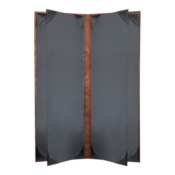 A bronze metallic menu cover with a wooden frame on a grey wall.