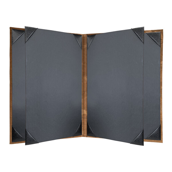 A black rectangular menu cover with a metallic border and wooden corners.