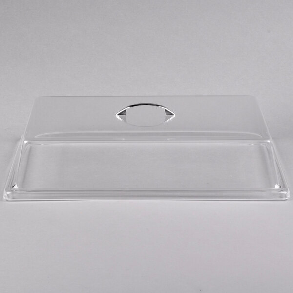 A clear plastic rectangular tray cover with a hole in the middle.