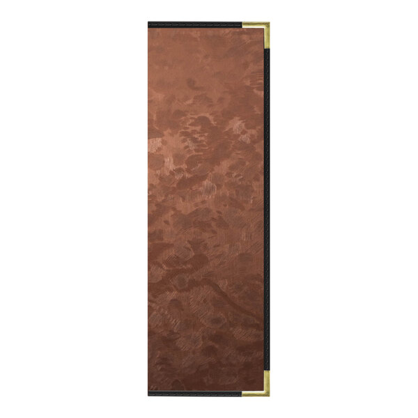A bronze metallic menu cover with black corners and border.