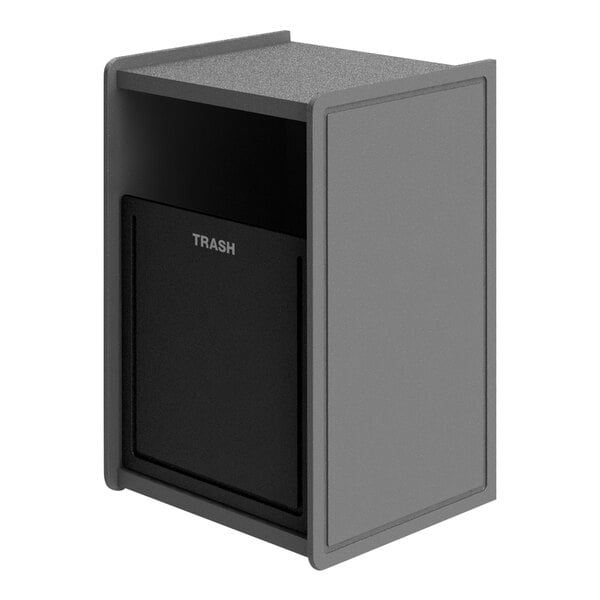 A grey rectangular Commercial Zone EarthCraft trash receptacle with a black lid.