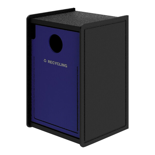 A black square recycling bin with a blue door.