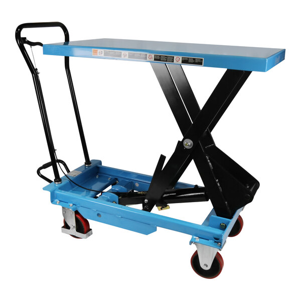A blue and black metal lift cart with wheels and a Eoslift logo.