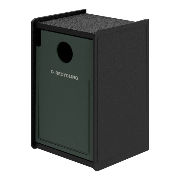 A black rectangular Commercial Zone EarthCraft recycling receptacle with a green door.