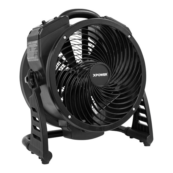 A black XPOWER axial air mover with a white stand.