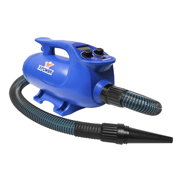 A blue and black XPOWER pet hair dryer with a hose.