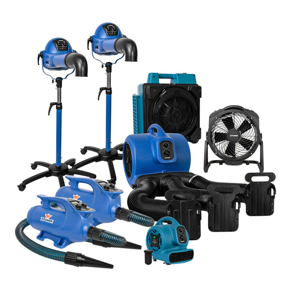 A group of blue and black XPOWER CleanGroom equipment including a blue and black machine and air hose with a blue fan.