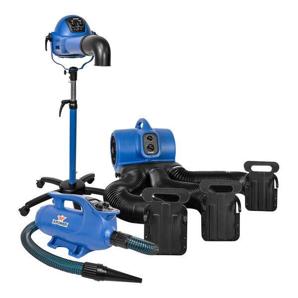 An XPOWER blue and black portable grooming dryer with a hose.