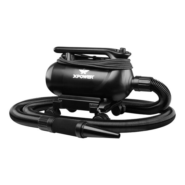 A black XPOWER car dryer blower with a hose attached.