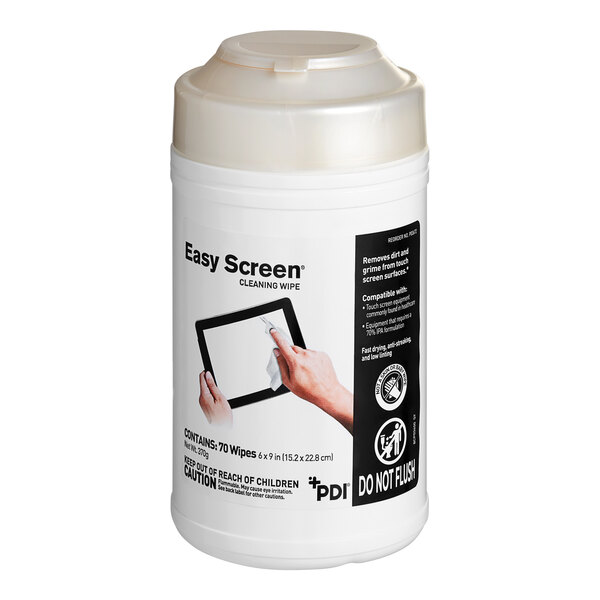 A white plastic container with a white lid holding PDI Healthcare Easy Screen Cleaning Wipes.
