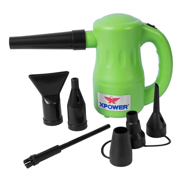 A green and black XPOWER Airrow Pro B-53 air blower with black accessories.