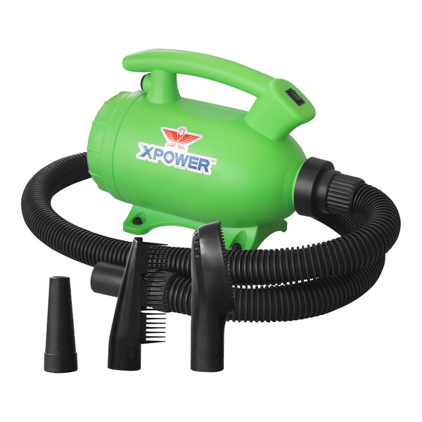 An XPOWER green 2-in-1 portable pet hair dryer and vacuum with black tubes.
