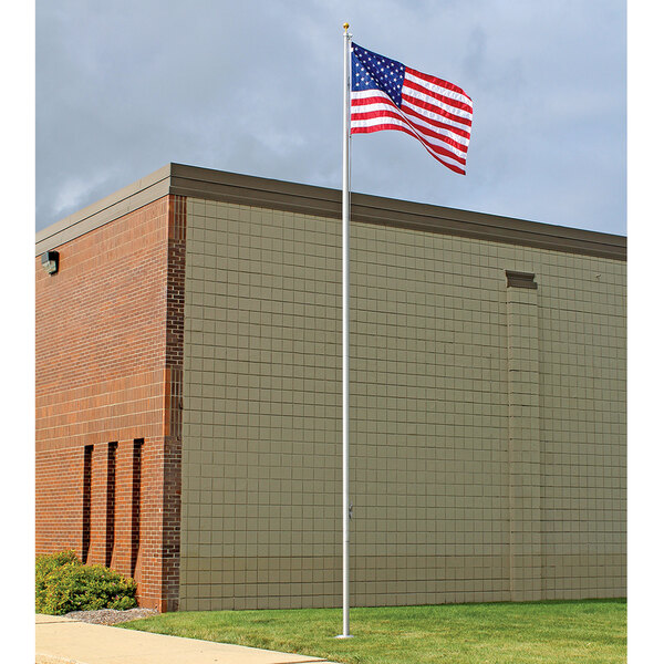 A Valley Forge aluminum flag pole with a gold ball topper and an American flag on top.