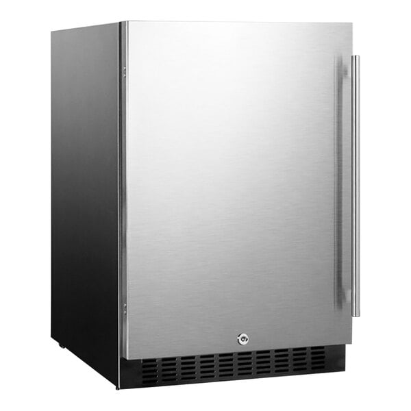 A silver Summit undercounter refrigerator with a handle.