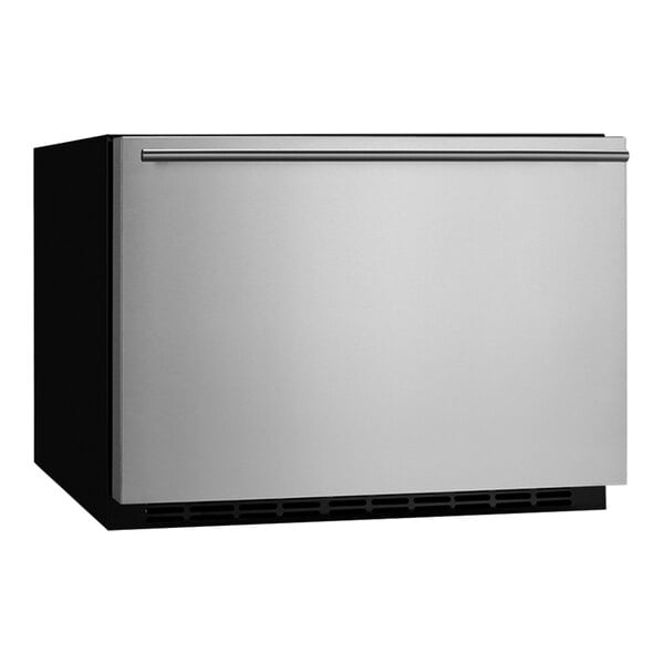 A Summit stainless steel undercounter refrigerator with an open drawer.