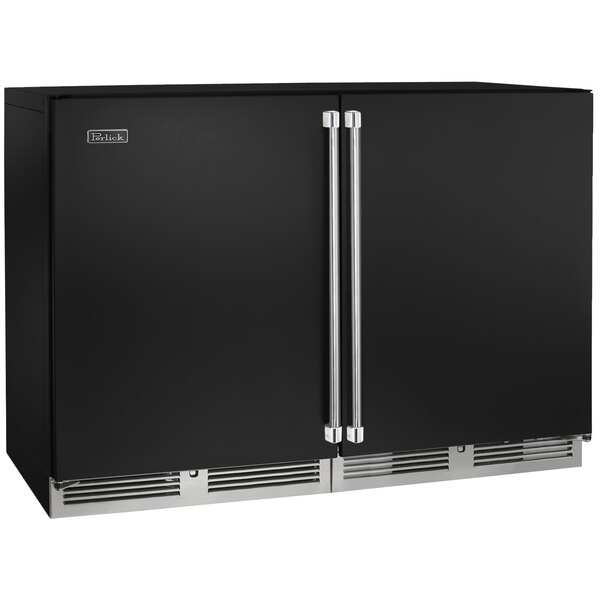 A black Perlick undercounter refrigerator with silver handles on two doors.