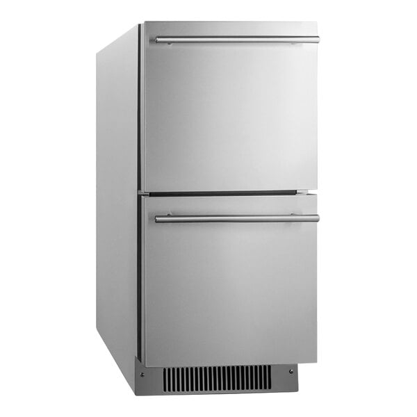 A Summit stainless steel undercounter refrigerator with two drawers.