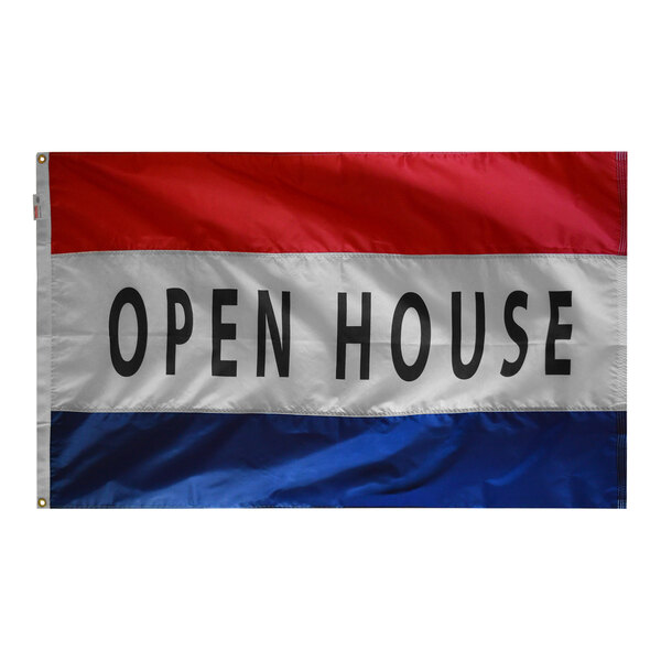 A red, white, and blue Valley Forge nylon flag with the words "open house" in white.