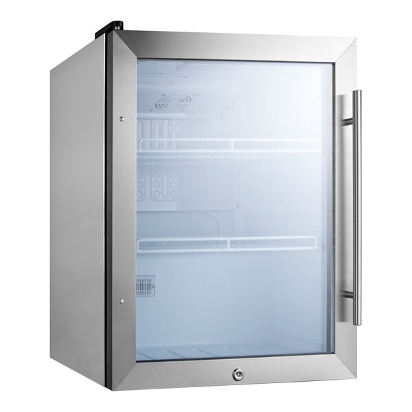 A Summit Appliance stainless steel undercounter beverage refrigerator with a glass door.