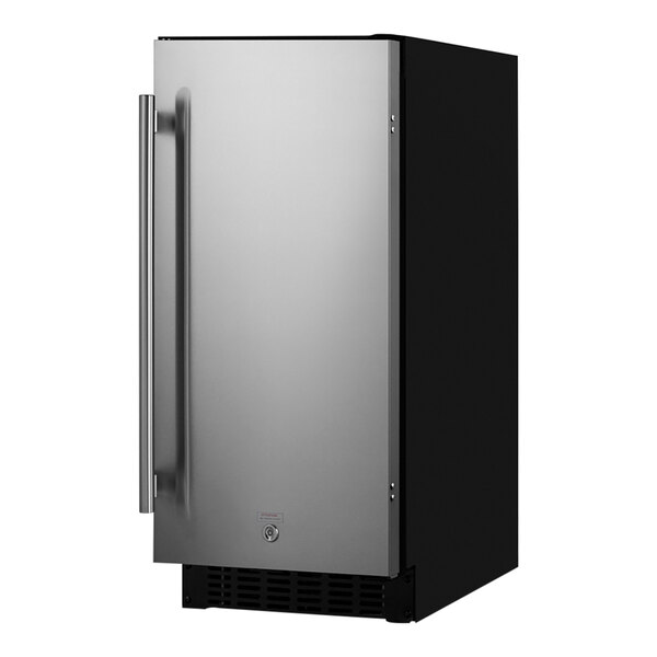 A Summit Appliance stainless steel undercounter refrigerator with a handle on the door.